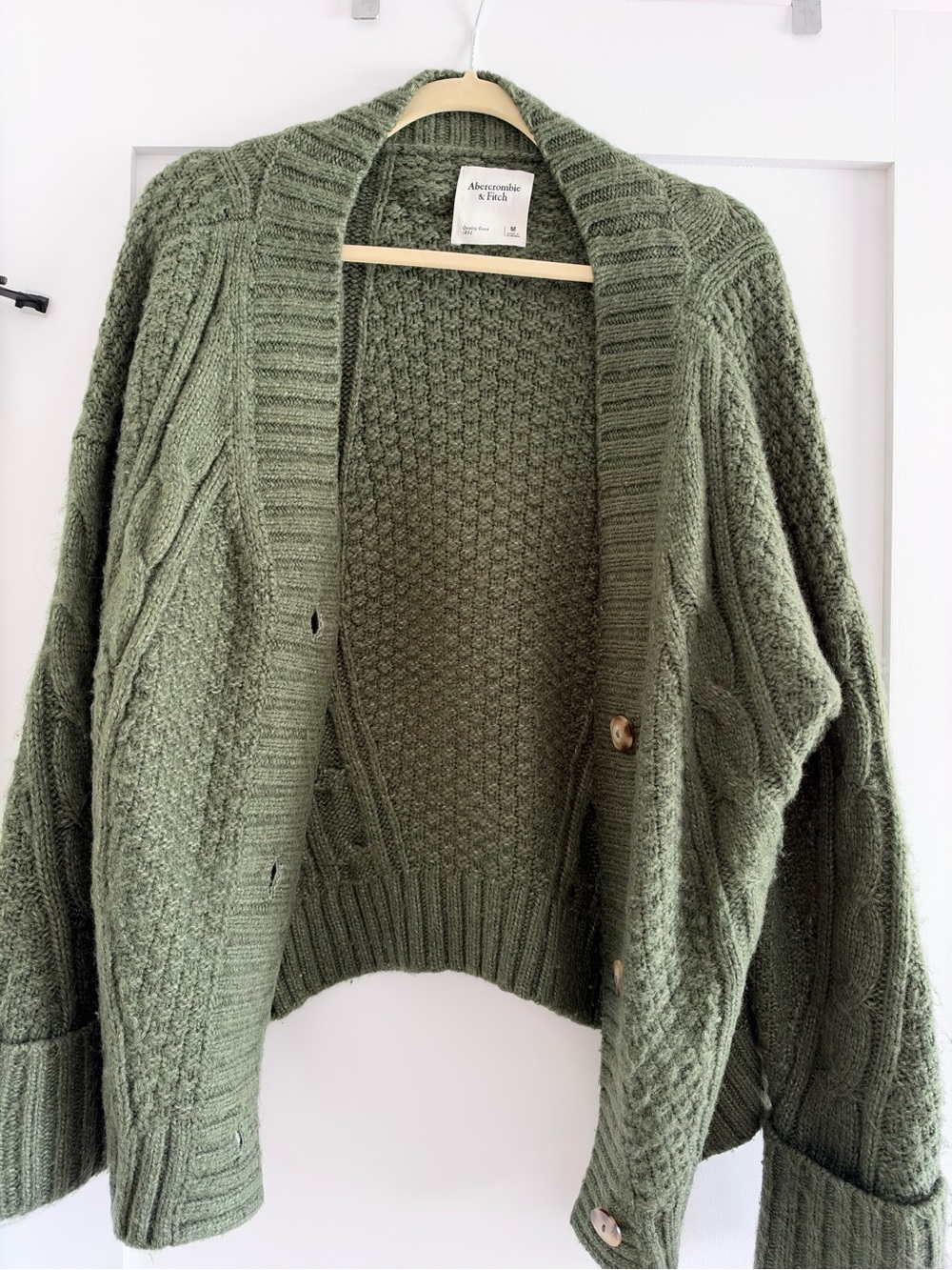 Abercrombie & Fitch Olive Cable Knit Shawl Collar Cardigan
